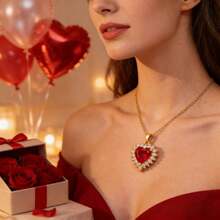 一件式，18K镀金，优雅红色心形吊坠项链，配金色铜链，女士适用。非常适合情人节、母亲节和生日等场合。 - 紅色 - 查看 6