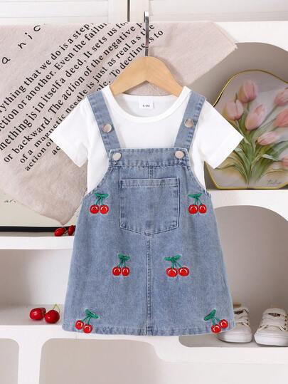 2pcs Baby Girls Cute Casual Short Sleeve Top + Cherry Pattern Suspender Dress Set, Lightweight Spring/Summer Vacation Outfit