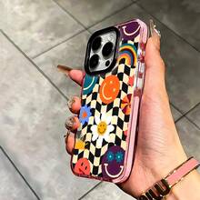 Groovy  Face Phone Case, Retro Vibe, For Compatible With IPhone 17/17pro/17promax/17Air/Iphone16/16pro/16plus/16promax/15/15promax/15pro/11/12/13/14promax/12mini/13mini/11pro/11promax/12pro/12promax/13pro/13promax/14pro/14promax, Fun Flower And Rainbow Pattern Gift,  Aesthetic Present For Her, Cool Groovy Decor Gift - 淺粉色 - 查看 3