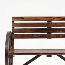 Two-Seater Garden Bench In Brown Fir Wood, Country Style, With Wagon Wheel Shaped Armrests. Dimensions: 105.5 X 56 X 79 Cm. - Camel - View 7