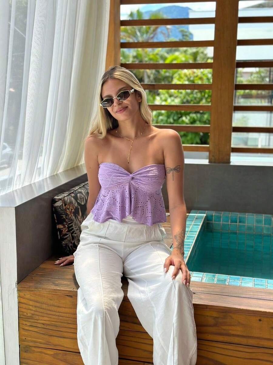 Women's Boho Chic Strapless Embroidered Top ✨ Front Tie With Cutout Detail | Summer Fashion ☀️ Knotted Fabric / Cutouts Beach Vacation Summer - 紫丁香色 - 查看 1