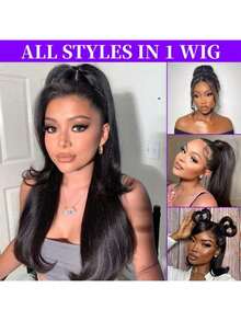 ZHENDEFA 隐形绑带360°仿真肌肤高清透明蕾丝前额假发，200密度直发蕾丝前额假发，隐形绑带预拔毛抽绳360°无胶假发，真人发，女士适用 - SNatural - 查看 9