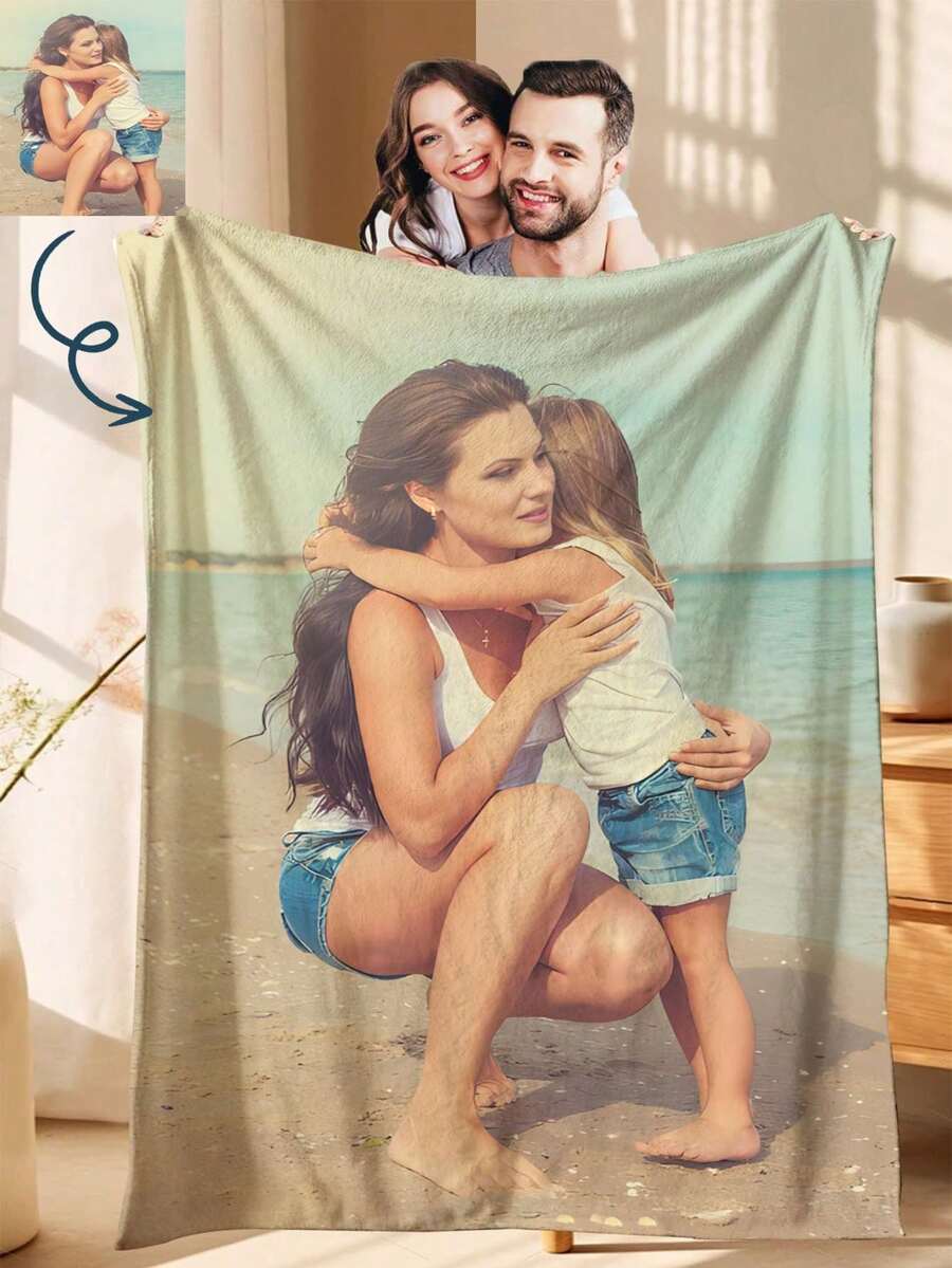 1pc Customized Photo Fleece Blanket, Personalized With Family, Pet, Couple Photos, Best Gift For Mother's Day, Father's Day, Valentine's Day, Friends - Style 3 - View 1