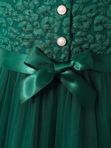 女童绿色云朵提花网纱罩衫连衣裙，适合假日派对 - 綠色 - 查看 6