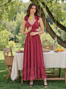 Vestido de gasa con estampado floral de lunares, con espalda descubierta, cruzado, fruncido, cola de pez y cremallera oculta, para fiestas de primavera/verano - Burdeos - Ver 10