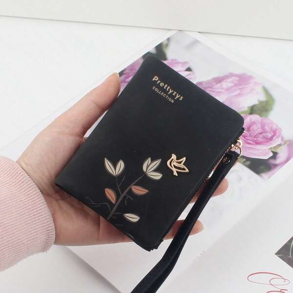 PRETTYZYS New Folding Snap Floral Print PU Leather ID Window Card Slots Coin Purse Wallet, Christmas Gift For Girls, Daily & Back To School Small Wallet