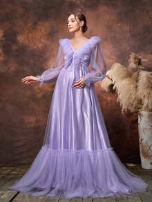 Faeriesty Elegant Maternity V-Neck Gown – Ruffle Trim, Multi-Layer Skirt, Perfect For Baby Showers, Formal Galas, And Romantic Dinners - Lilac Purple - View 3