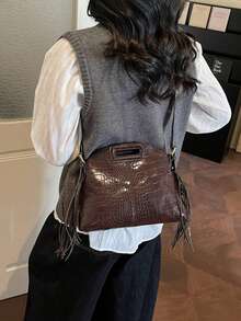 This Is A Stylish, Compact, And Chic Tassel Handbag, A Newly Designed, Personalized, And Multifunctional Women's Handbag With A Novel And Unique Design. It Is Versatile, Suitable For Casual Commuting, Shoulder Carrying, Or Crossbody Wear. - Coffee - View 4