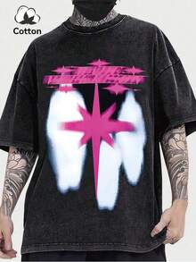 加大码男士新款水洗T恤，纯棉短袖，街头风趣味Emo图案乐队T恤，篮球，平价服装，男士套装，Manfinity，Youngboy Never Broke Again，Friends TV，男士动漫，万圣节加州黑色水洗短袖，字母印花长袖休闲印花白色英文图案T恤，时尚百搭水洗短袖，Y2K风格，适合日常穿着 - 黑色 - 查看 1