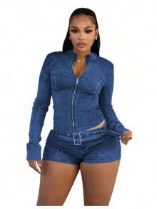 Lady's Two-Piece Set, New Denim Short Set, Long Sleeves, Stretch Shorts, Belt - Màu xanh lam - Xem 3