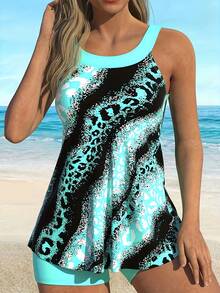 Leopard Print Round Neck Backless Size Women's Tankini Swimsuit - Multicolor - View 3