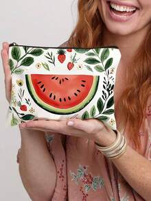 西瓜草莓印花手提袋两件套 - 夏季水果图案 - 女士可重复使用印花手提包，双提手购物袋，大容量单肩包，休闲手提袋，圣诞节收纳袋，适合通勤、上学、购物、户外活动，是送给朋友、女友、老师、节日、感恩节的绝佳礼物 - 米色 - 查看 3