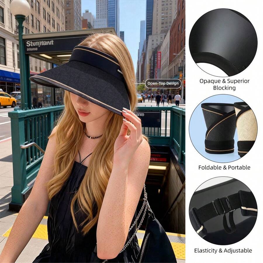 新款女士骑行防晒帽，防紫外线，可折叠，加宽帽檐，遮挡面部，无帽顶防晒帽，草编帽，大帽檐，夏季防紫外线，遮挡面部，无帽顶，防紫外线，户外便携式防晒帽 - 彩色 - 查看 1