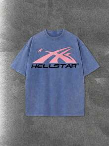 Worn-Out Washed Men's Short-Sleeved Shirt, Featuring A Pink Meteor Flame Human Face Silhouette Pattern In Letters On A Double-Sided Print, Retro Casual Loose Men's T-Shirt, Comfortable And Versatile Men's Clothing - 寶藍色 - 查看 2