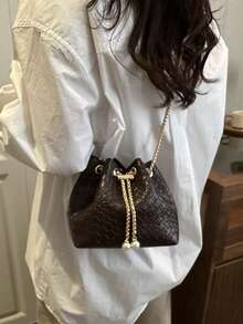 Mini Woven Drawstring Bucket Bag, Versatile Shoulder/Crossbody Bag For Party & Casual, Minimalist Design - Coffee - View 5