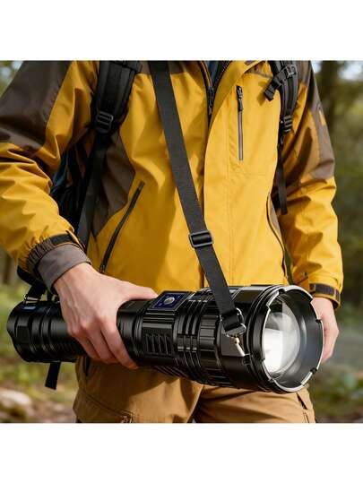 1支超亮高功率远射程LED手电筒，带COB尾灯，USB充电，强力探照灯，内置电池，适用于户外巡逻、露营、应急战术照明