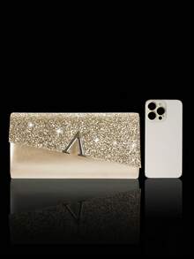 闪亮奢华女士亮片手拿晚宴包，V形金属翻盖包，信封包时尚派对包，女士舞会手提包，女士新娘晚宴包，舞会手提包，闪耀奢华钻石首饰套装，闪亮项链、耳环和手链套装，适合搭配闪亮晚礼服、婚纱和派对礼服 - 金色 - 查看 7