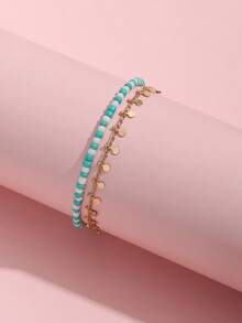 2pcs/Set Beach Vacation Style Blue & White Beaded Copper Disc Chain Anklet (Avoid Contact With Water) - Blue and White - View 3