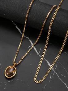 2 piezas Collar con colgante de ojo de tigre de acero inoxidable de moda, adecuado para el atuendo diario y ocasiones festivas de los hombres - Dorado - Ver 3