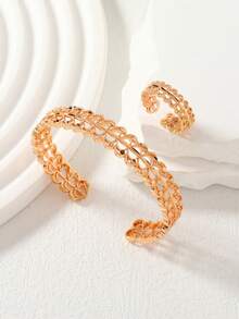 两件套玫瑰金镀层镂空编织手链戒指首饰套装，可调节开口设计，日常叠戴，理想的斋月礼物 - 金黃色 - 查看 6