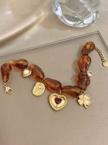 1条复古甜心琥珀心形花朵吊坠手链，18K镀金不锈钢材质，可调节，奢华优雅女士饰品，适合约会、下午茶、音乐节、生日礼物、浪漫波西米亚风配饰、情人节、派对、晚宴、日常佩戴、约会、新年、婚礼、海滩、圣诞节周年纪念日等场合。 - 彩色 - 查看 8