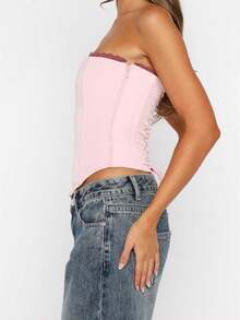 Womens Strapless Bustier Corset Top Y2k Lace Trim Boned Overbust Corset Lace-Up Backless Bodyshaper Tube Top Rave Club Going Out Bustier - Hồng - Xem 4