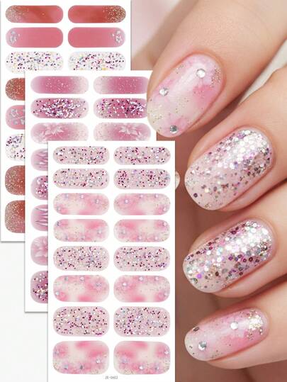 48 piezas de tiras de uñas con brillo, diseño de brillo 3D de estrellas, lunas y flores, pegatinas de uñas autoadhesivas de cobertura total, fácil aplicación, adecuadas para el arte de uñas DIY en el hogar para uso diario de mujeres.