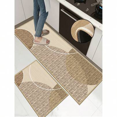 3.5毫米厚软橡胶亚麻厨房地垫，抽象几何拼接风格厨房吸水地毯，包边防止脱落，吸水易清洁，亚麻表面，海绵中间层，橡胶底，适用于厨房地毯、厨房装饰、婚礼装饰、家居装饰、浴室地垫、玄关地垫、洗衣房地垫、走廊地毯、客厅地垫等。