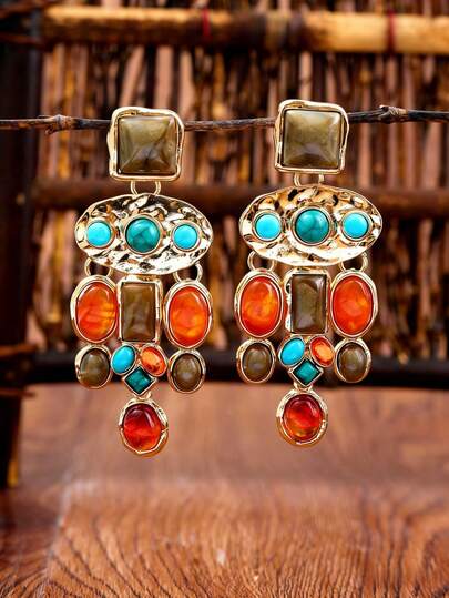 1 par bohemiska vintage överdrivna turkosa hartsörhängen för kvinnor