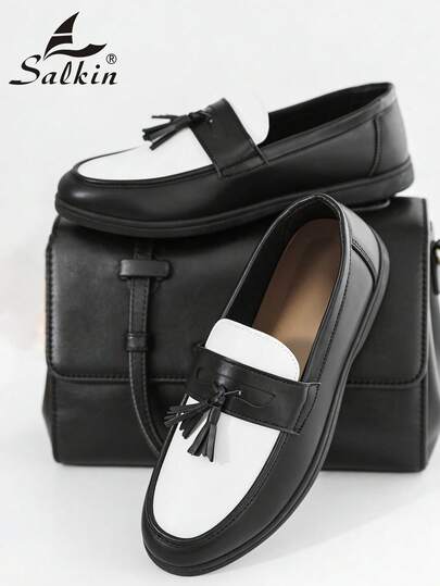 Salkin Classic Designer Men's Moccasin Affordable Luxury For Modern Living Slip On Tassel Loafers Men Soft Leather Shoes Gentlemen Business Social Shoes Male Business Daily Office Party Wedding Dress Shoes For Men ‌Couple's Date ‌Romantic Dinner Festive Gift‌ Back To School Students Casual Shoes Preppy,Please Choose One Size Larger