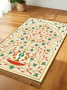 1 pieza Manta con estampado floral y borlas en los bordes, alfombra de área lavable - Multicolor - Ver 1