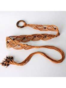 Valentine's Day ,Spring And Summer Fashion Multi-Color Bohemian Retro Style Wax Rope Handmade Wooden Circle Braided Hollow Belt With Dress Belt Summer, School Fall, Autumn, Halloween,Halloween,Belts For Women,Western Belt, Youth,Casual, Outdoor, Athletic, Vacation, Metal Chain Decorative Belt For Women, Simple Yet Versatile Dress, Fashionable Body Chain, Circular Hollow Waist Chain - 彩色 - 查看 9