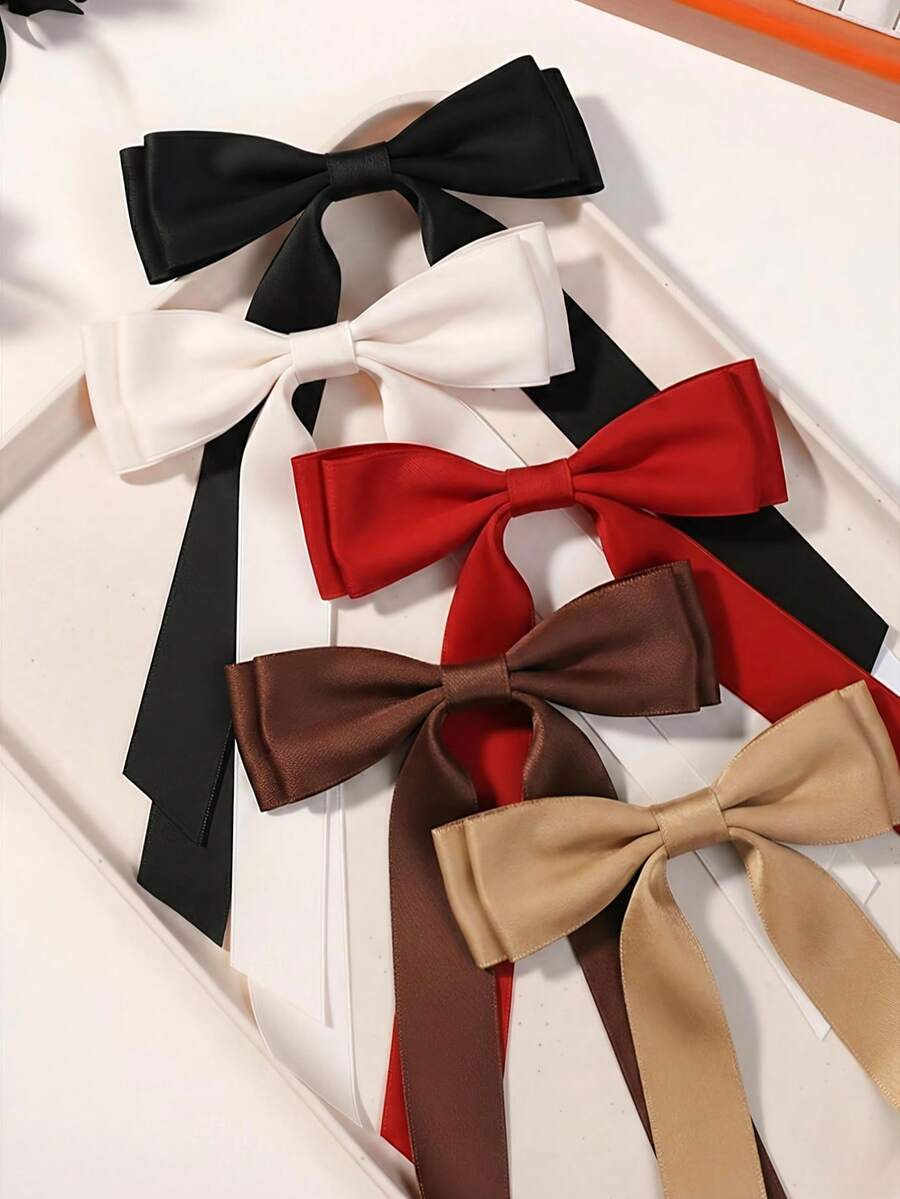 5件套大号缎带蝴蝶结发夹，女士及女孩适用，丝滑长缎带蝴蝶结发饰，法式优雅大号发夹，可爱芭蕾舞风格发夹，适合婚礼、派对、日常佩戴（红色、粉色、白色），头部饰品，爪夹，发夹，发卡 - 彩色 - 查看 1