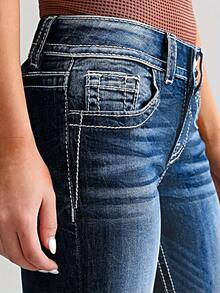 Micro Embroidered Stretch Jeans - Comfortable, Soft, Breathable, Suitable For Casual Denim Women's Wear - Blue - View 4