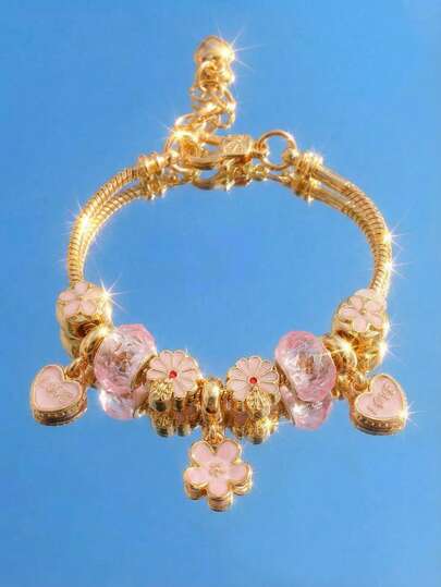 Pulsera con dijes de corazón y flor, pulsera clásica de corazón con rhinestones, pulsera en forma de T de corazón, pulsera de corazón dorado de moda como regalo de San Valentín para niñas