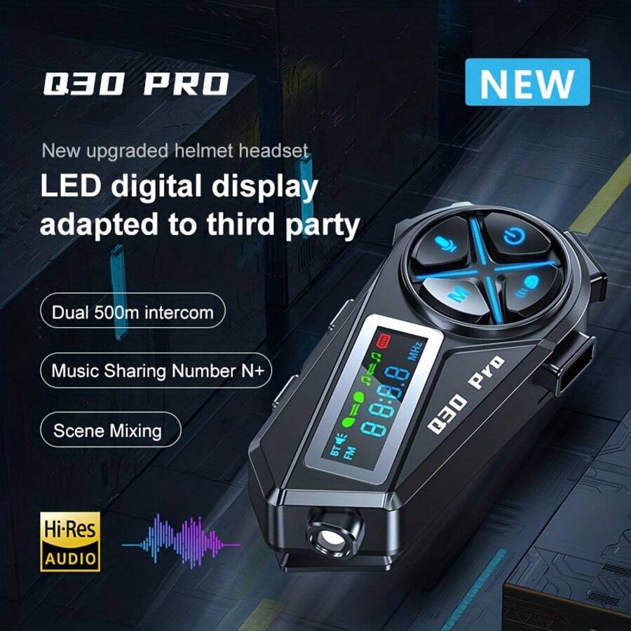 1pc/2pcs Headset Bluetooth Nirkabel Helm Motor Q30 Pro, Dengan Layar LED, Interkom 500m, Berbagi Musik dan Pencampuran Adegan - Baterai Kapasitas Besar 1000mAh, Desain Ergonomis untuk Sepeda Motor, Sepeda, Olahraga - Hadiah Ideal untuk Penggemar, Perangkat Komunikasi Sepeda Motor, Gadget Modis, Konstruksi Tahan Lama, Cocok untuk Helm Setengah/Penuh, Pilihan Utama untuk Perlengkapan Berkendara Luar Ruangan (Mendukung Interkom Lintas Merek, Kompatibel dengan Interkom Headset Bluetooth Biasa, Dapat Diadaptasi ke Headset Bluetooth Pihak Ketiga)