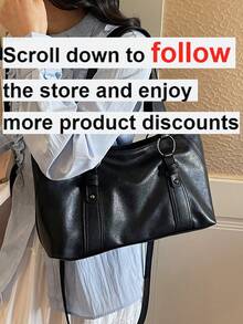 1 Peça Bolsa Tote de Couro PU Retrô de Cor Sólida Feminina, de Grande Capacidade, Estilo Minimalista Europeu e Americano da Moda, Adequada para Ir e Vir, Escritório, Compras, Presente - Preto - Visão 2