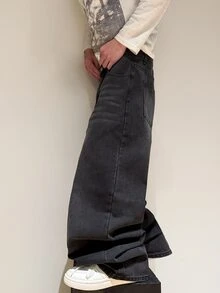 Hearty Haven 男士休闲宽松直筒水洗牛仔裤（不含腰带或配饰） - 黑色 - 查看 3