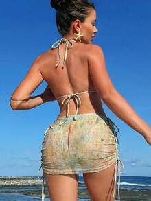 2026款三件套女士泳装：露背性感挂脖比基尼上衣、可调节侧系带三角比基尼泳裤、印花网纱纱笼裙，适合度假、户外、海滩穿着 - 淺綠色 - 查看 6