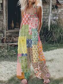 (Free Shipping!!!) 2026 Women's New Arrival Multi Color Geometric Floral Patchwork Spaghetti Strap Wide Leg Bohemian Pastoral Vintage Casual Jumpsuit - 粉色 - 查看 2