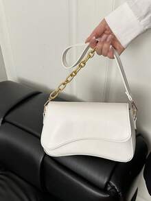 1pc Minimalist Solid Color Flap Shoulder Bag, Classic Textured Crossbody Bag, Women Handbag - White - View 11