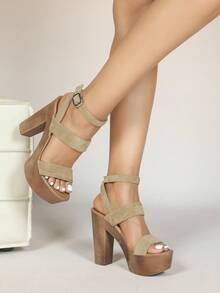2026 Women's Summer New Fashion Sexy Strap Buckle Open Toe High Heel Sandals With Waterproof Platform And Thick Heel - Màu Khaki - Xem 5
