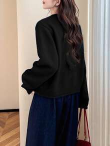 女士休闲简约韩版撞色纽扣圆领毛衣开衫，秋冬款 - 黑色 - 查看 3