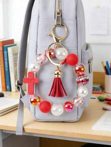 1件十字串珠手链钥匙扣，喜庆红色流苏吊坠，红色串珠手链钥匙圈，珍珠水钻串珠手链钥匙扣，防丢腕带吊坠，新年礼物 - 紅色-02 - 查看 3