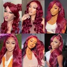 13x4 Lace Front Wigs Blended Human Hair Pre Plucked 200% Density Body Wave HD Lace Front Wigs Human Hair Transparent Frontal Glueless Wigs Virgin Human Hair With Baby Hair For Women #Burgundy 99J 34 Inch - SBUG - View 10