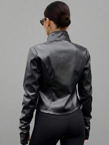 女士修身立领仿皮夹克，运动风拉链外套，带拇指孔袖口，休闲日常穿着 - 黑色 - 查看 2