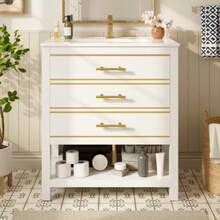 White Bathroom Vanity Unit With Ceramic Sink – Freestanding Bathroom Vanity Unit With 2 Drawers And Open Compartment, High-Quality MDF Board With Lacquered Finish, Gold Handles, Without Tap Or Drain - White - View 1