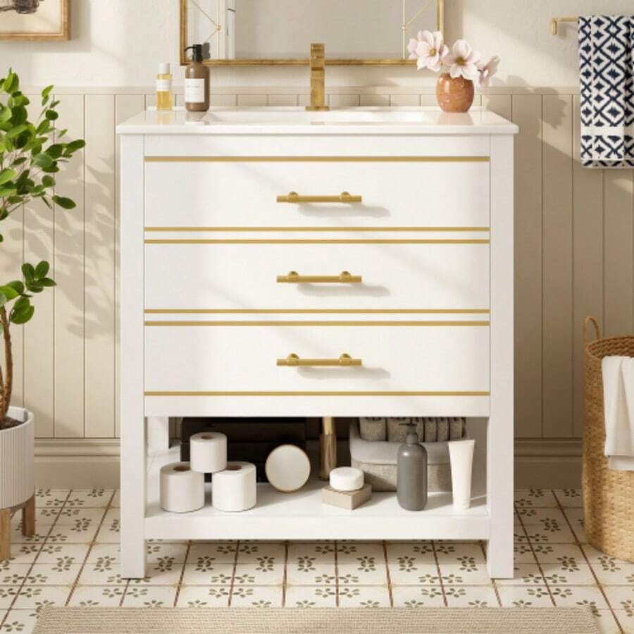 White Bathroom Vanity Unit With Ceramic Sink – Freestanding Bathroom Vanity Unit With 2 Drawers And Open Compartment, High-Quality MDF Board With Lacquered Finish, Gold Handles, Without Tap Or Drain - White - View 1