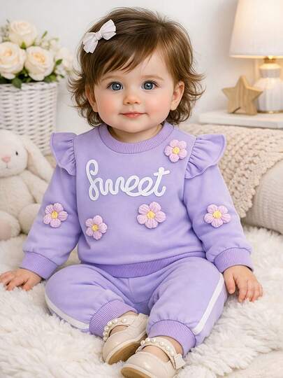 Hibobi Conjunto de 2 piezas de sudadera con estampado de dibujos animados en color rosa y pantalón con estampado aleatorio para niñas de 3 meses a 2 años en primavera y otoño.