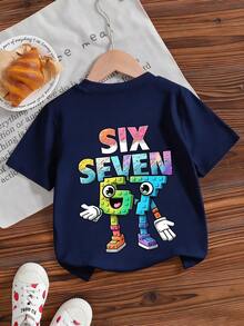 男童休闲印花圆领短袖T恤，夏季上衣 - 藏蓝色 - 查看 4